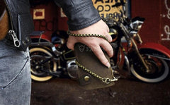 Handmade Genuine Leather Long Biker Wallet Mens Cool Chain Wallet Trucker Wallet with Chain