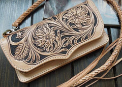 Handmade Leather Biker Wallet Tooled Floral Mens Cool Chain Wallet Trucker Wallet with Chain