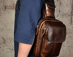 Leather Mens Sling Bag One Shoulder Backpack Chest Bag Sling Backpack for men