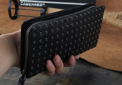 Genuine Leather Mens Cool Long Leather Wallet Zipper Clutch Wristlet Wallet for Men