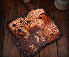 Handmade Mens Cool Tooled Long Zhong Kui demon Leather Chain Wallet Biker Trucker Wallet with Chain