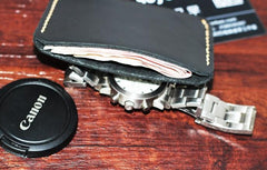 Black Leather Mens Slim Front Pocket Wallet Leather Small Wallets  for Men
