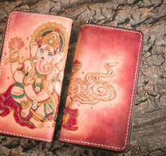 Handmade Leather Mens Clutch Wallet Tooled Cool Ganesha Wallet Long Zipper Wallets for Men