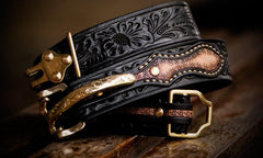 Handmade Leather Cool Tooled Black Mens Belt Cool Leather Men Belt for Men