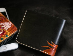 Handmade Leather Chinese Lion Tooled Mens billfold Wallet Cool Leather Wallet Slim Wallet for Men