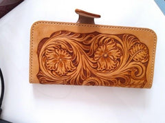 Handmade Leather Tooled Floral Mens Long Wallet Cool Long Wallet for Men