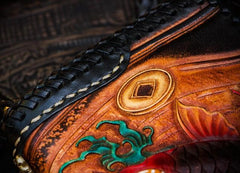 Handmade Leather Tooled Carp Mens Chain Biker Wallets Cool Leather Wallets Long Phone Wallets for Men