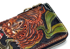 Handmade Leather Fortune Pixiu Mens Tooled Long Chain Biker Wallet Cool Leather Wallet With Chain Wallets for Men