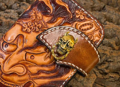 Handmade Leather Mens Cool Tooled Long Prajna Chain Wallet Biker Trucker Wallet with Chain