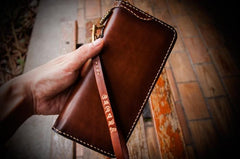 Handmade Leather Mens Chain Biker Wallet Cool Leather Long Wallet Clutch Wallets for Men