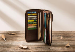 Cool Leather Mens Coffee Long Zipper Clutch Wallet Long Wallet for Men