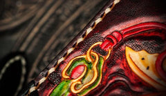Handmade Leather Tooled Carp Mens Biker Chain Wallet Cool Leather Wallet Long Chain Wallets for Men