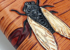 Handmade Leather Mens Clutch Wallet Cool Cicada Tooled Wallet Long Zipper Wallets for Men