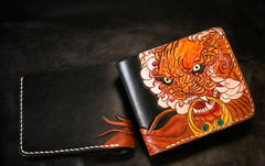 Handmade Leather Chinese Lion Tooled Mens billfold Wallet Cool Leather Wallet Slim Wallet for Men