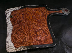 Handmade Mens Cool Tooled Long Boa Skin Floral Leather Chain Wallet Biker Trucker Wallet with Chain