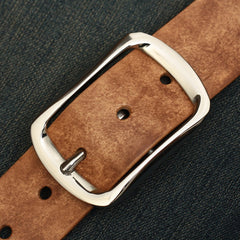 Handmade Mens Coffee Leather Buckle Silver Belt Minimalist Leather Silver Belts for Men