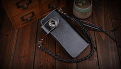 Handmade Leather Mens Cool Long Black Obsidian Chain Wallet Biker Trucker Wallet with Chain