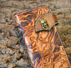 Handmade Leather Mens Cool Tooled Long Prajna Chain Wallet Biker Trucker Wallet with Chain