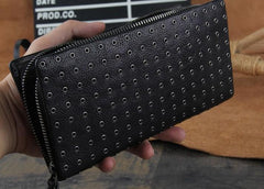 Genuine Leather Mens Cool Long Leather Wallet Zipper Clutch Wristlet Wallet for Men