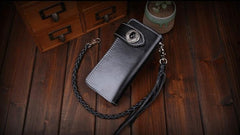 Handmade Leather Mens Cool Long Black Obsidian Chain Wallet Biker Trucker Wallet with Chain