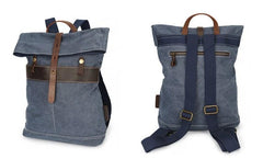 Cool Waxed Canvas Blue Leather Mens Backpack Canvas Travel Backpack Canvas School Backpack for Men