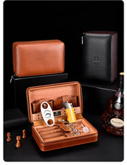 Black Leather Cigar Box, Travel Leather Cigar Case, Leather Cigar Humidor, Cigar Cutter and Humidifier