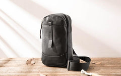 Black Leather Mens Sling Bag Sling Shoulder Bag Chest Bag for men