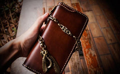 Handmade Leather Mens Chain Biker Wallet Cool Leather Long Wallet Clutch Wallets for Men
