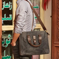 Mens Gray Canvas Briefcase Handbag Work Bag Business Bag for Men