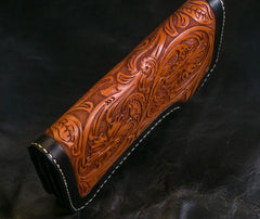 Handmade Mens Cool Tooled Long Boa Skin Floral Leather Chain Wallet Biker Trucker Wallet with Chain