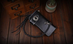 Handmade Leather Mens Cool Long Black Obsidian Chain Wallet Biker Trucker Wallet with Chain