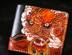 Handmade Leather Chinese Lion Tooled Mens billfold Wallet Cool Leather Wallet Slim Wallet for Men