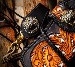 Handmade Leather Tooled Floral Mens Long Chain Biker Wallet Cool Leather Wallet With Chain Wallets for Men