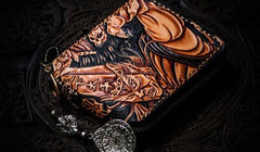 Handmade Leather Chinese Black&White Tooled Mens billfold Wallet Cool Leather Wallet Biker Wallet for Men