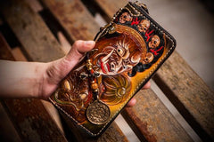 Handmade Leather Mahākāla Mens Tooled Chain Biker Wallet Cool Long Leather Wallets With Chain Wallets for Men