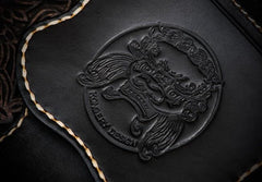 Handmade Leather Black Mens Tooled Skull Chain Biker Wallet Cool Leather Wallet Long Clutch Wallets for Men