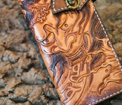 Handmade Leather Mens Cool Tooled Long Prajna Chain Wallet Biker Trucker Wallet with Chain
