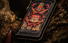 Handmade Leather Mens Tooled Monster Chain Biker Wallet Cool Leather Wallet Long Clutch Wallets for Men