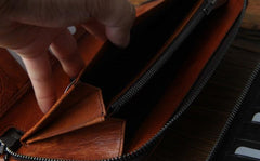 Genuine Leather Mens Cool Long Leather Wallet Biker Wallet Zipper Clutch Wristlet Wallet for Men