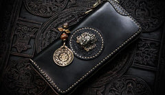 Handmade Leather Mahākāla Mens Chain Biker Wallet Cool Leather Wallet Long Clutch Wallets for Men