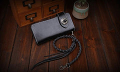 Handmade Leather Mens Cool Long Black Obsidian Chain Wallet Biker Trucker Wallet with Chain