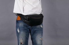 Black Leather Fanny Packs Mens Waist Bag Hip Pack Belt Bag for Men