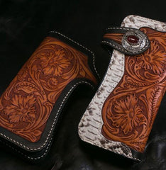 Handmade Mens Cool Tooled Long Boa Skin Floral Leather Chain Wallet Biker Trucker Wallet with Chain