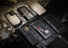 Handmade Leather Mens Clutch Wallet Cool Boa Skin Wallet Long Zipper Wallets for Men