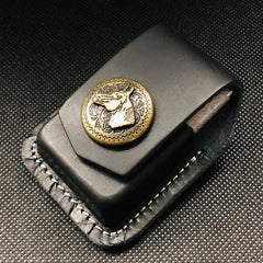 Black Handmade Leather Mens Cap Fish Zippo Lighter Holders Lighter Case For Men