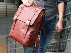 Red Brown Leather Mens Backpack Travel Backpacks Laptop Backpack for men