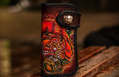 Handmade Leather Chinese Lion Mens Biker Chain Wallet Cool Long Chain Wallets for Men
