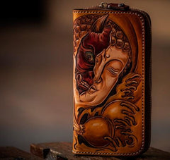 Handmade Leather Mens Clutch Wallets Cool Buddha&Demon Tooled Wallet Long Zipper Wallets for Men