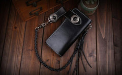 Handmade Leather Mens Cool Long Black Obsidian Chain Wallet Biker Trucker Wallet with Chain