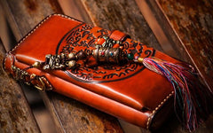 Handmade Leather Mens Tibetan Chain Biker Wallet Cool Leather Wallets Long Clutch Wallets for Men